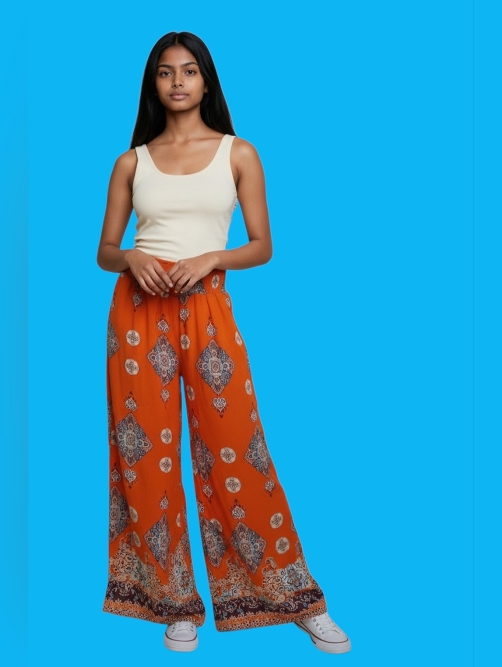 Sienna Sky Pants Wide-Leg Elastic Band Printed Palazzo Burnt Orange Paisley